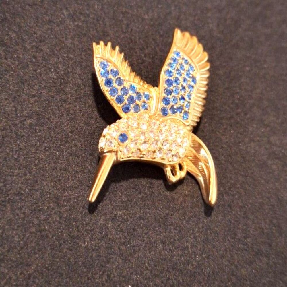 Hummingbird Pin Brooch Signed 1999 PS Co. Gold Tone w/Blue & White Rhinestones